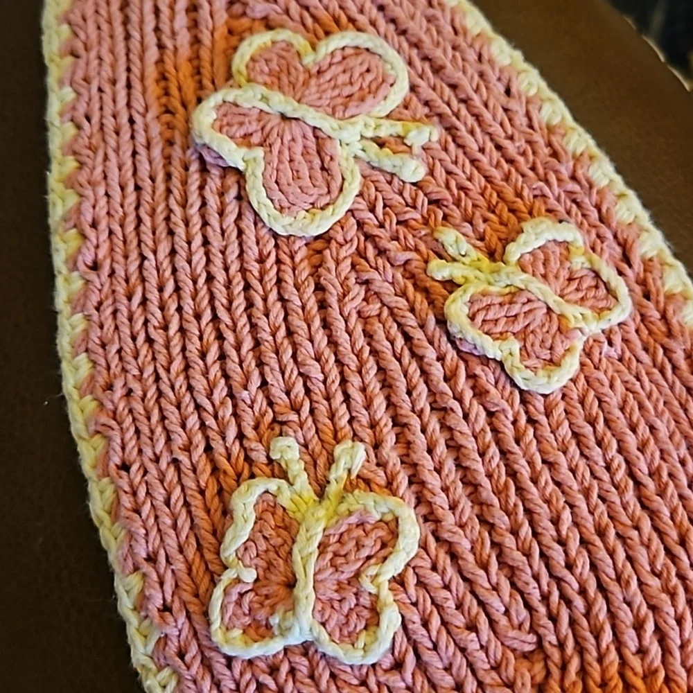 Vintage Crochet Fairycore Floral Butterfly Button Salmon Headband Wrap